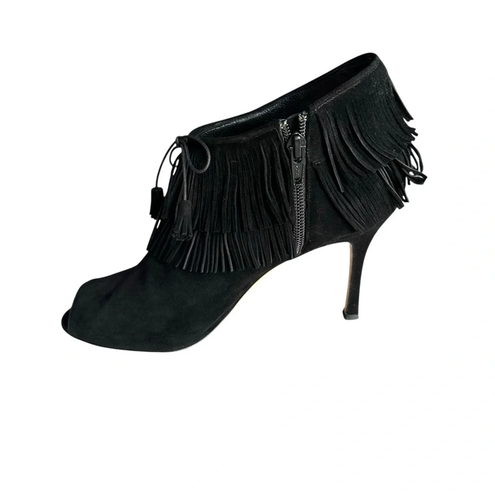 Manolo Blahnik Open Toe Heels Booties Black Suede Fringe
